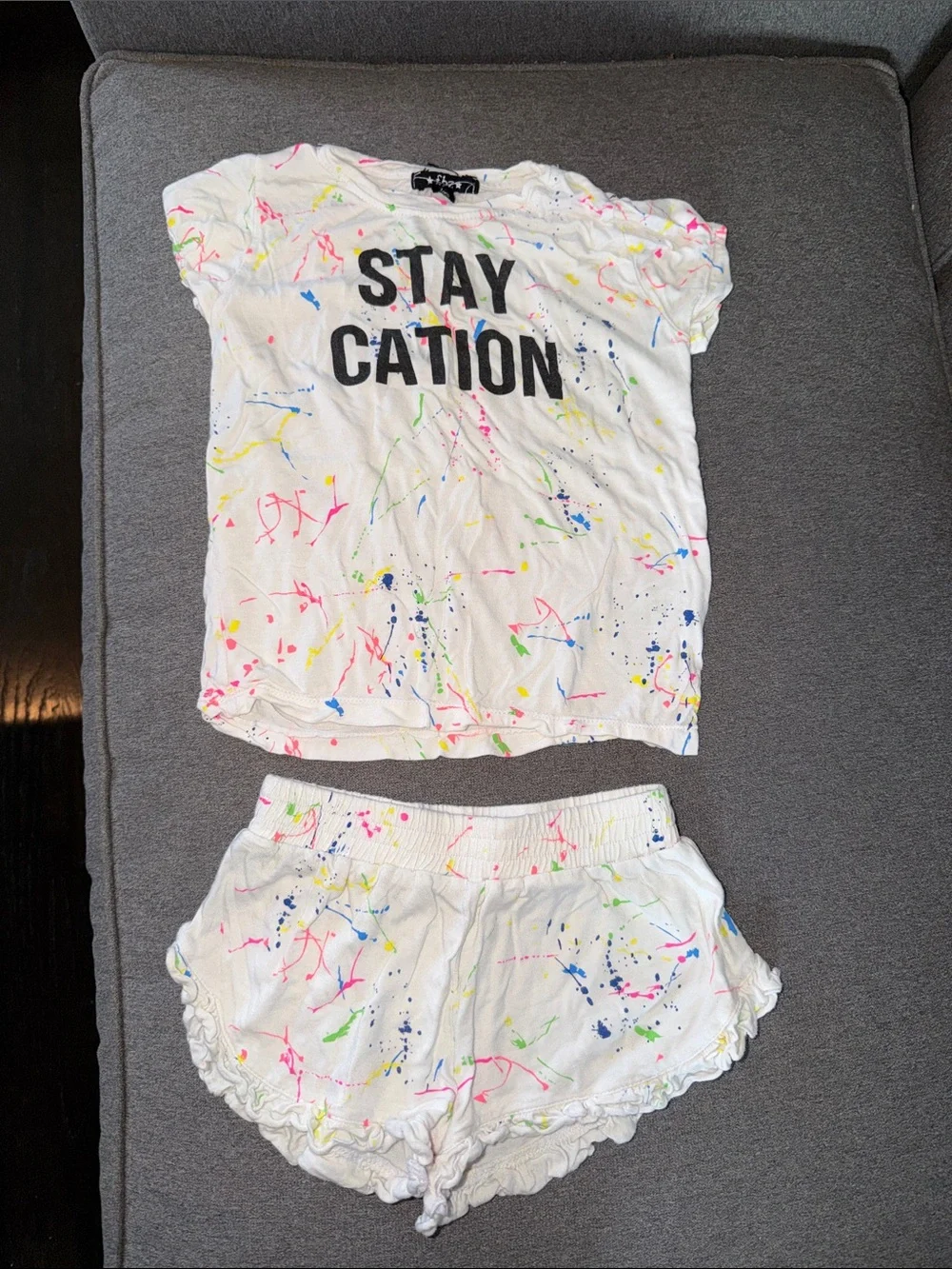 Kids White Set with Neon Paint Splatter - Staycation Tee & Shorts